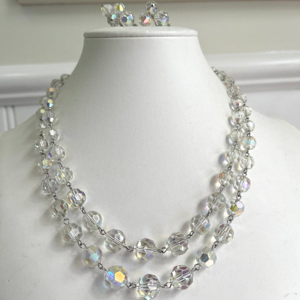 Faceted Double Strand 50's Vintage Crystal Bead Necklace & Earrings-Vintageonline-Vintage Online