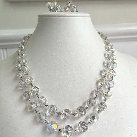 Faceted Double Strand 50's Vintage Crystal Bead Necklace & Earrings-Vintageonline-Vintage Online