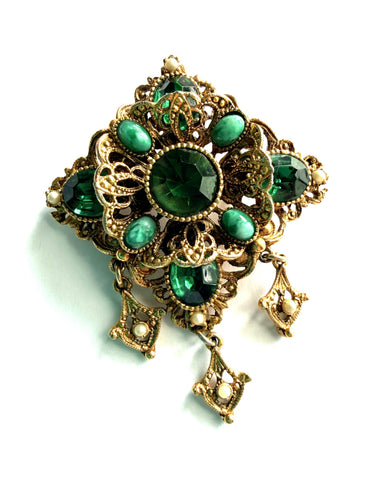 Filigree Green Stone Vintage Brooch-Vintageonline-Vintage Online