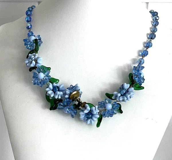 Floral Glass Vintage Bead Necklace and Earrings-Vintageonline-Vintage Online