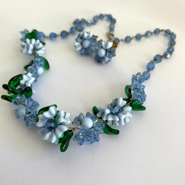 Floral Glass Vintage Bead Necklace and Earrings-Vintageonline-Vintage Online