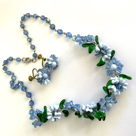 Floral Glass Vintage Bead Necklace and Earrings-Vintageonline-Vintage Online