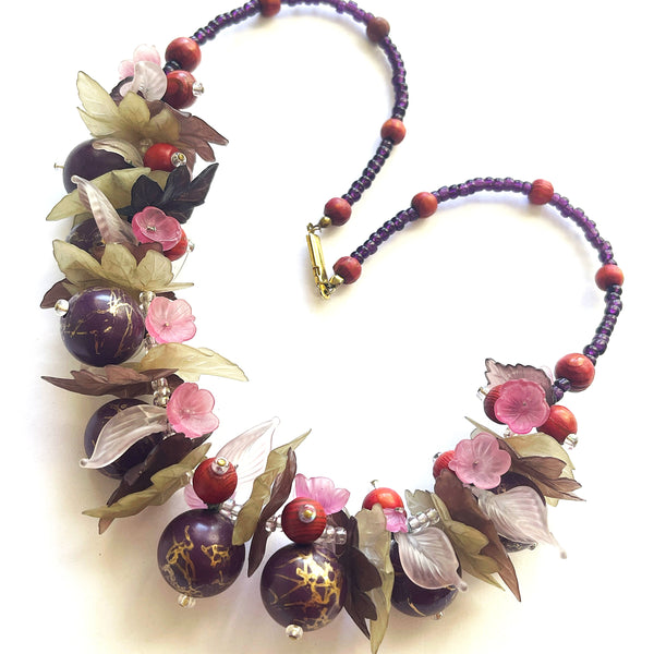 Flower Leaf and Bead Vintage Choker Style Necklace-Vintageonline-Vintage Online