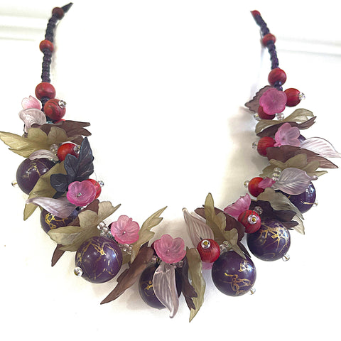 Flower Leaf and Bead Vintage Choker Style Necklace-Vintageonline-Vintage Online