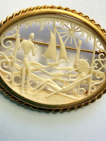 French Depose Carved Celluloid Vintage Brooch-Vintageonline-Vintage Online