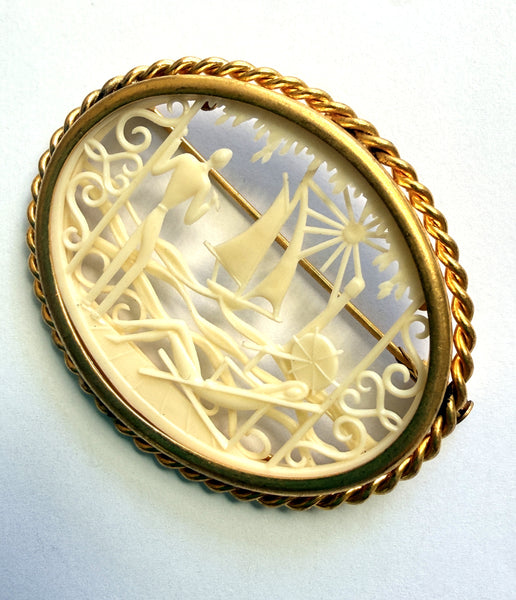 French Depose Carved Celluloid Vintage Brooch-Vintageonline-Vintage Online
