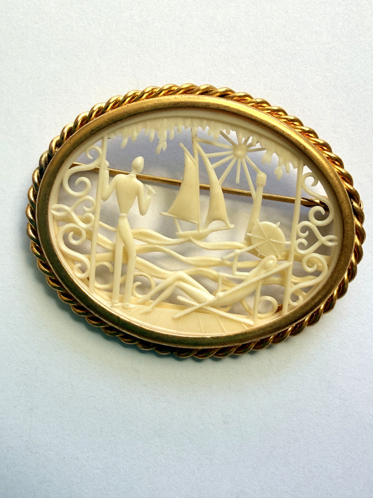 French Depose Carved Celluloid Vintage Brooch-Vintageonline-Vintage Online