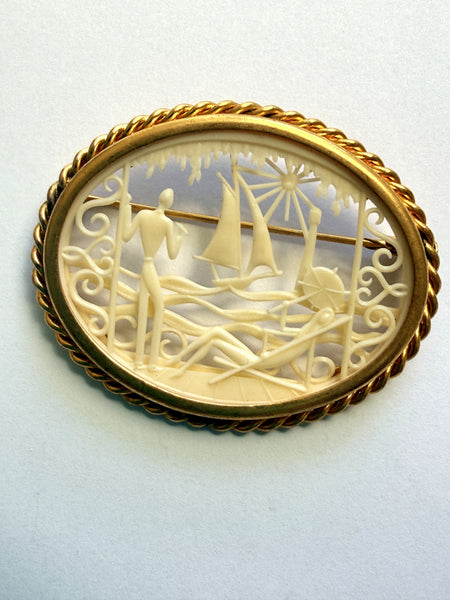 French Depose Carved Celluloid Vintage Brooch-Vintageonline-Vintage Online