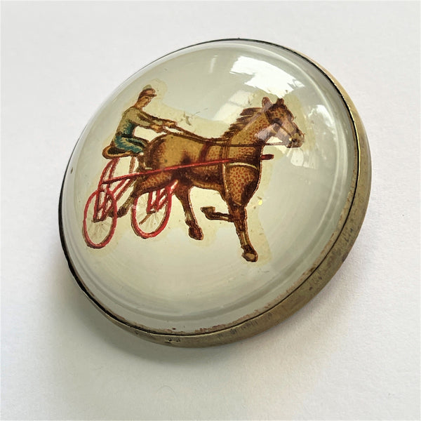 French Domed Glass Vintage Harness Racing Image Brooch-Vintageonline-Vintage Online