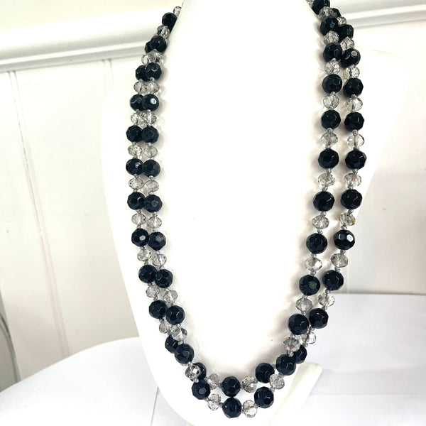 French Jet & Clear Crystal Double Bead Vintage Necklace-Vintageonline-Vintage Online