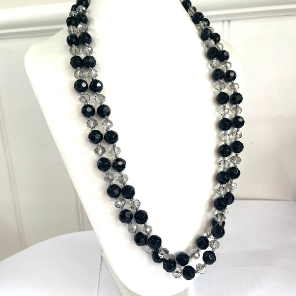 French Jet & Clear Crystal Double Bead Vintage Necklace-Vintageonline-Vintage Online
