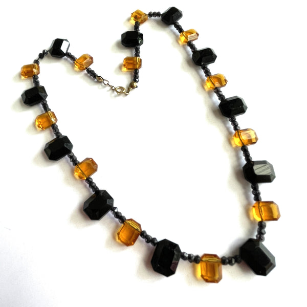 French Jet and Amber Glass Bead Vintage Necklace-Vintageonline-Vintage Online