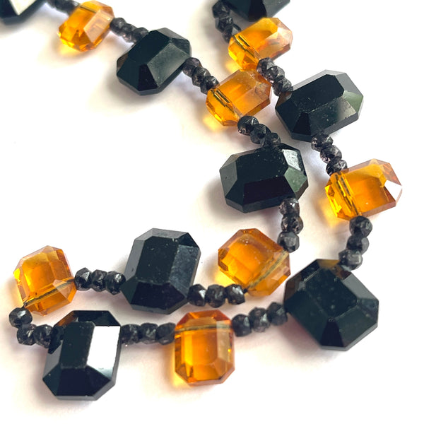 French Jet and Amber Glass Bead Vintage Necklace-Vintageonline-Vintage Online