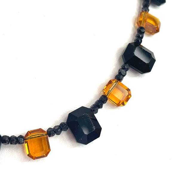 French Jet and Amber Glass Bead Vintage Necklace-Vintageonline-Vintage Online