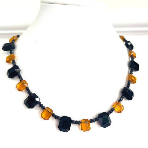 French Jet and Amber Glass Bead Vintage Necklace-Vintageonline-Vintage Online