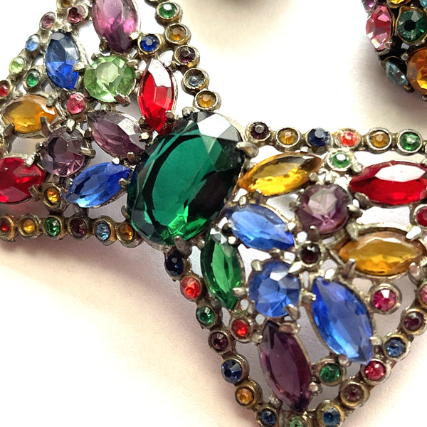 Fruit Salad Coloured Rhinestone Vintage 40's Brooch and Earrings-Vintageonline-Vintage Online