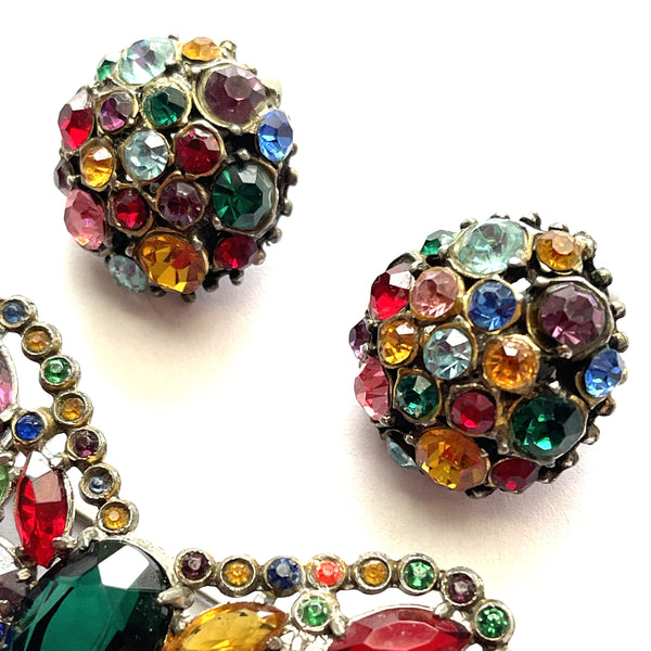 Fruit Salad Coloured Rhinestone Vintage 40's Brooch and Earrings-Vintageonline-Vintage Online