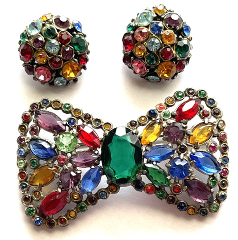 Fruit Salad Coloured Rhinestone Vintage 40's Brooch and Earrings-Vintageonline-Vintage Online