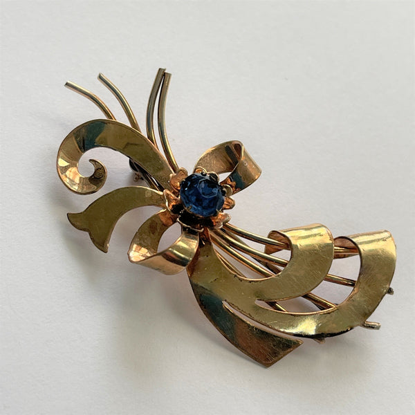 Gold Filled Blue Sapphire Rhinestone Vintage Brooch-Vintageonline-Vintage Online