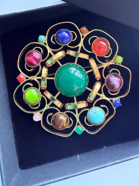 Gold Tone Multi Colour Glass Cabs Vintage Brooch-Vintageonline-Vintage Online