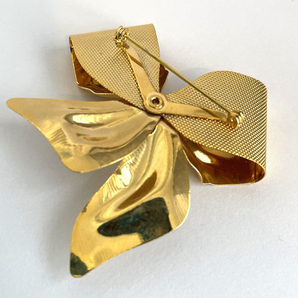 Gold Tone Ribbon Bow Brooch-Vintageonline-Vintage Online