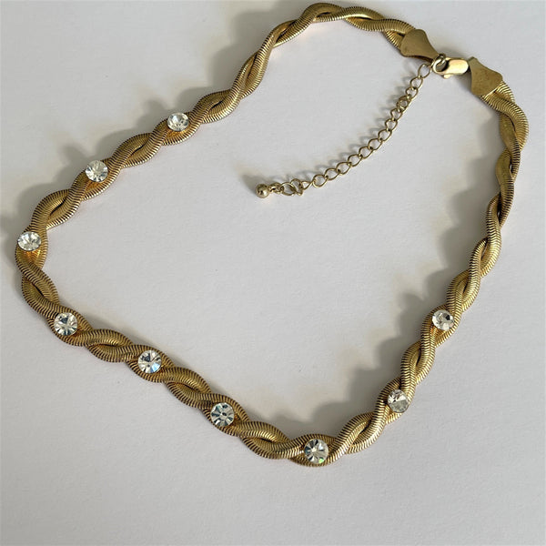Gold tone Snake Rope Choker Necklace Set With Rhinestones-Vintage Online-Vintage Online