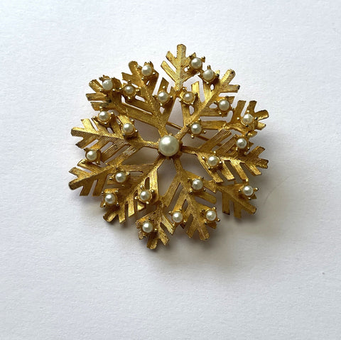 Gold tone & Pearl Vintage Dodds USA Snowflake Brooch-Dodds USA-Vintage Online