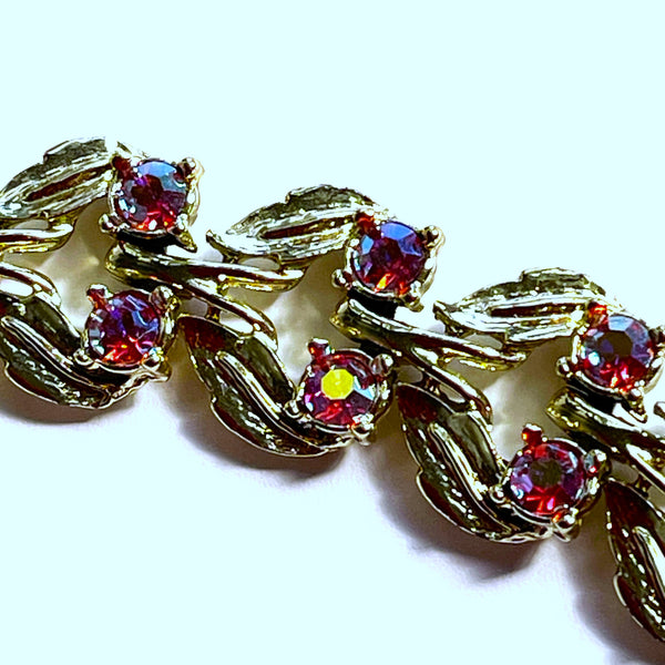 Gold tone Red Rhinestone Vintage Bracelet-Vintageonline-Vintage Online