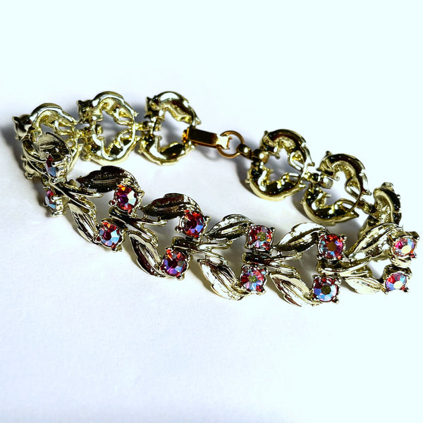 Gold tone Red Rhinestone Vintage Bracelet-Vintageonline-Vintage Online