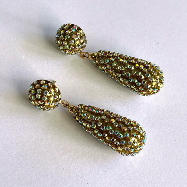 Gold tone and Rainbow Encrusted rhinestone drop Earrings-Vintageonline-Vintage Online