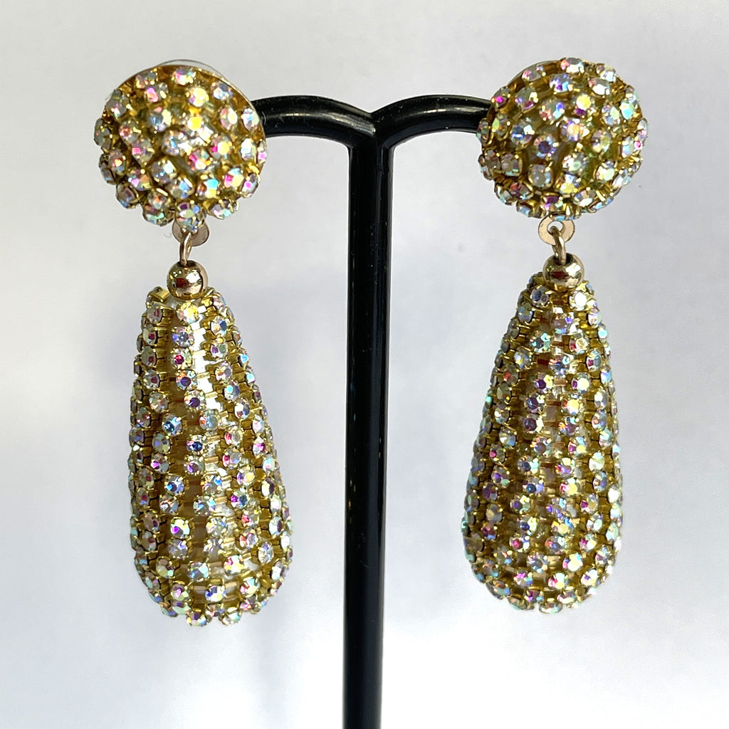 Gold tone and Rainbow Encrusted rhinestone drop Earrings-Vintageonline-Vintage Online