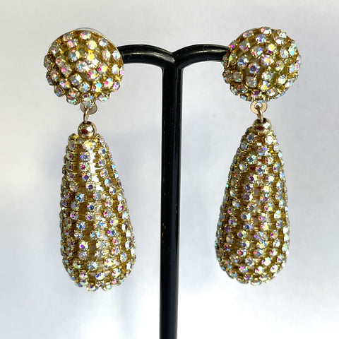Gold tone and Rainbow Encrusted rhinestone drop Earrings-Vintageonline-Vintage Online