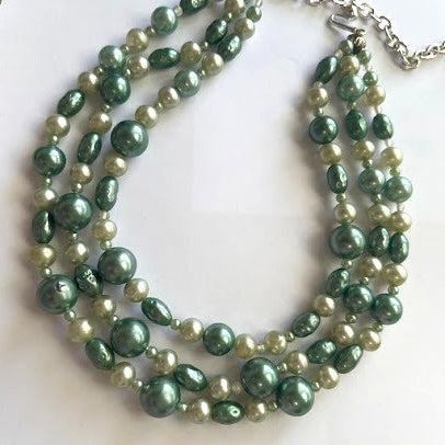 Green Faux Pearl Triple Strand Mid Century Necklace-Vintageonline-Vintage Online