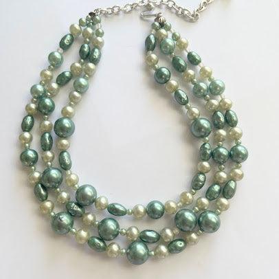 Green Faux Pearl Triple Strand Mid Century Necklace-Vintageonline-Vintage Online
