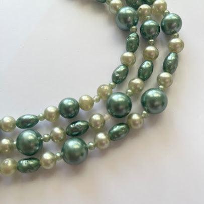 Green Faux Pearl Triple Strand Mid Century Necklace-Vintageonline-Vintage Online