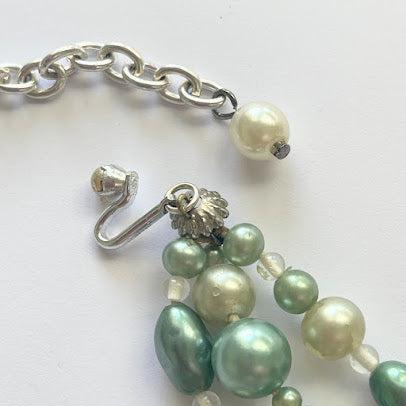 Green Faux Pearl Triple Strand Mid Century Necklace-Vintageonline-Vintage Online