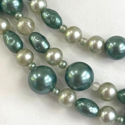 Green Faux Pearl Triple Strand Mid Century Necklace-Vintageonline-Vintage Online