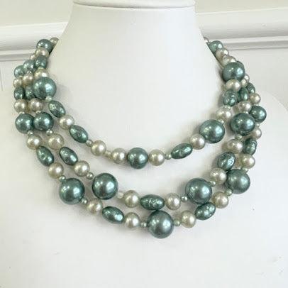 Green Faux Pearl Triple Strand Mid Century Necklace-Vintageonline-Vintage Online
