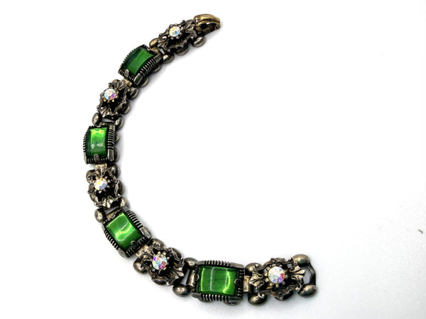 Green Glass & Aurora Borealis Vintage 60's Bracelet-Vintageonline-Vintage Online
