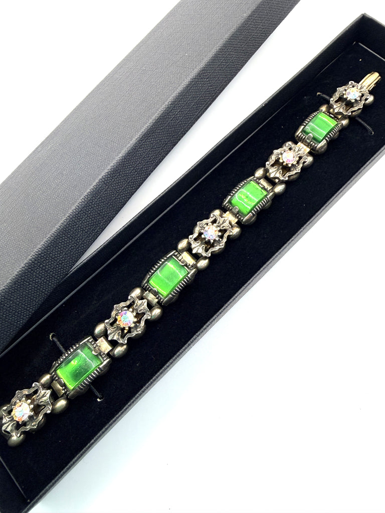 Green Glass & Aurora Borealis Vintage 60's Bracelet-Vintageonline-Vintage Online
