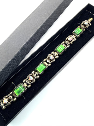 Green Glass & Aurora Borealis Vintage 60's Bracelet-Vintageonline-Vintage Online