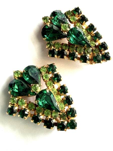 Green Rhinestone 60's Vintage Earrings-Vintageonline-Vintage Online