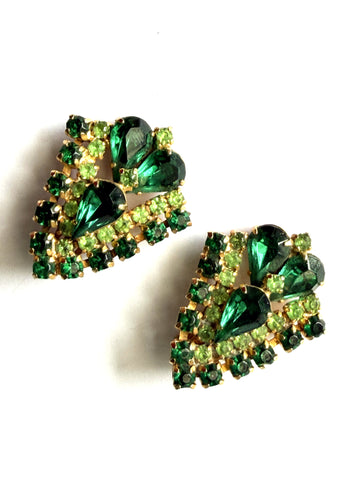 Green Rhinestone 60's Vintage Earrings-Vintageonline-Vintage Online
