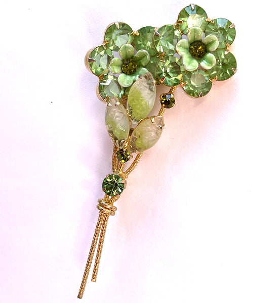 Green Rhinestone Floral Brooch-Vintage Online-Vintage Online