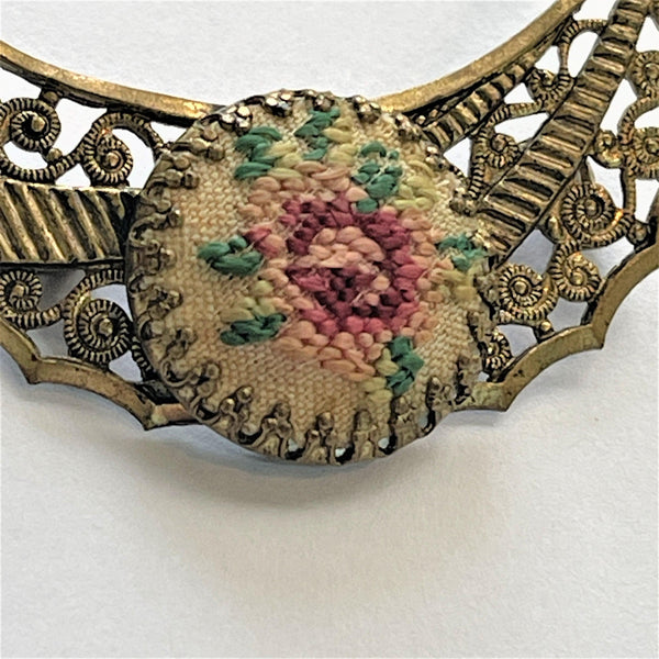 Hand Crafted "Petit Point" Tapestry French Needlework Vintage Brooch-Vintageonline-Vintage Online