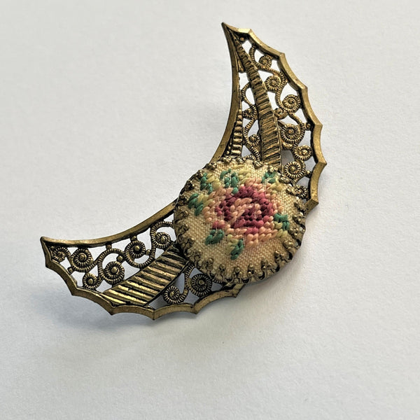 Hand Crafted "Petit Point" Tapestry French Needlework Vintage Brooch-Vintageonline-Vintage Online