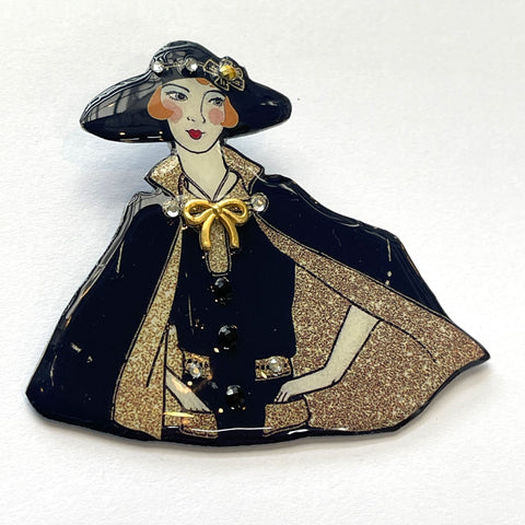 Hand Made Lady Head Brooch, Styled Art Deco-Cat Walk, UK-Vintage Online