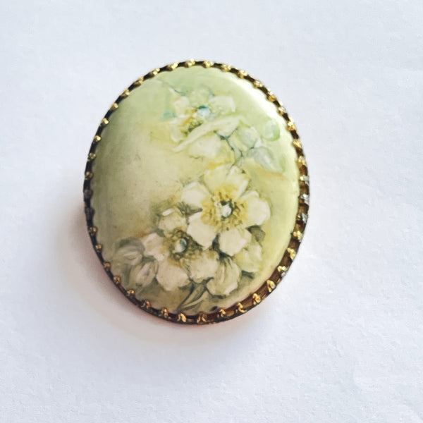 Hand Painted Porcelain Floral Brooch-Vintageonline-Vintage Online