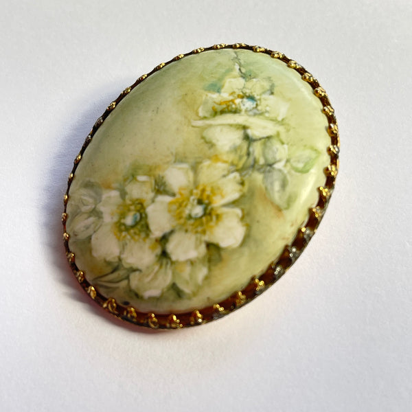 Hand Painted Porcelain Floral Brooch-Vintageonline-Vintage Online