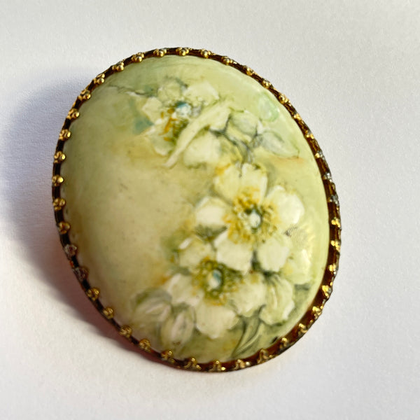 Hand Painted Porcelain Floral Brooch-Vintageonline-Vintage Online